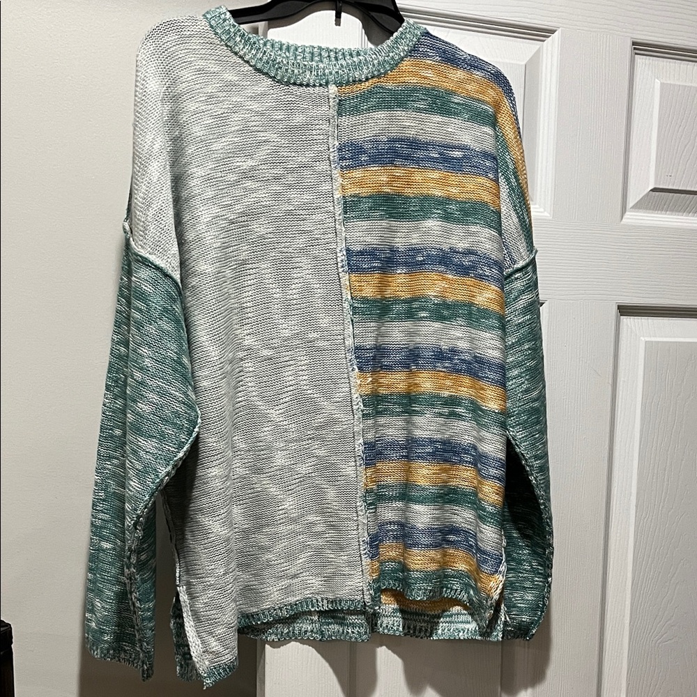 Easel Green and Multicolor Striped Crewneck Sweater